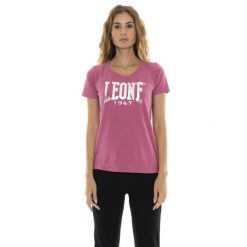 Koszulka z bawełna na co dzień na siłownię. Fioletowe bluzki sportowe damskie LEONE 1947 APPAREL, bez wzorów, z bawełny, bez kołnierzyka. W wyprzedaży za 82.10 zł.