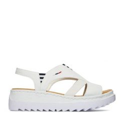 Sandały Rieker. Białe sandały damskie Rieker, bez wzorów, bez obcasa, na koturnie. Za 319.99 zł.