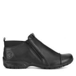 Botki Rieker. Czarne botki damskie Rieker, bez obcasa, na płaskiej podeszwie, bez zapięcia. Za 258.99 zł.