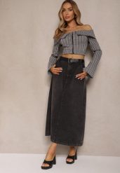 Czarna Jeansowa Spódnica Maxi o Rozkloszowanym Kroju z Paskiem Teviva. Czarne spódniczki damskie Renee, na lato, l, bez wzorów, z jeansu, maxi, rozkloszowane. Za 74.99 zł.