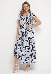 Niebieska Wiskozowa Sukienka Rozkloszowana Zdobiona Geometrycznym Printem Niserias. Niebieskie sukienki damskie Born2be, na co dzień, na lato, l, z aplikacjami, z wiskozy, eleganckie, bez kołnierzyka, bez ramiączek, midi, rozkloszowane. Za 79.99 zł.