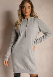 Jasnoszara Bluza Tunika z Dodatkiem Bawełny Wykończona Sznurkami i Kapturem Mivithia. Szare bluzy z kapturem damskie Renee, na wiosnę, l, z bawełny. Za 59.99 zł.