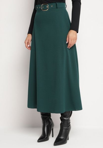 Ciemnozielona Rozkloszowana Spódnica z Wysokim Stanem Ozdobiona Paskiem z Klamrą Lobira. Zielone spódniczki damskie Born2be, uniwersalny, bez wzorów, eleganckie, z podwyższonym stanem, maxi, koszulowe. Za 69.99 zł.