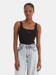 Calvin Klein Jeans Top Monologo Scoop Nk Rib LV047A804G Czarny Slim Fit. Czarne topy damskie Calvin Klein Jeans, s, bez wzorów, z bawełny, bez ramiączek. Za 129.99 zł.