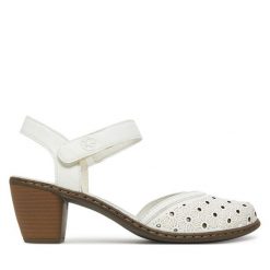 Sandały Rieker. Białe sandały damskie Rieker, bez wzorów, bez obcasa, na słupku. Za 299.99 zł.