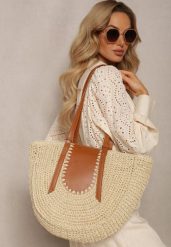 Jasnobeżowa Jednokomorowa Torebka z Plecionej Rafii w Stylu Boho Idarkia. Brązowe torebki klasyczne damskie Renee, bez wzorów, bez dodatków. Za 74.99 zł.