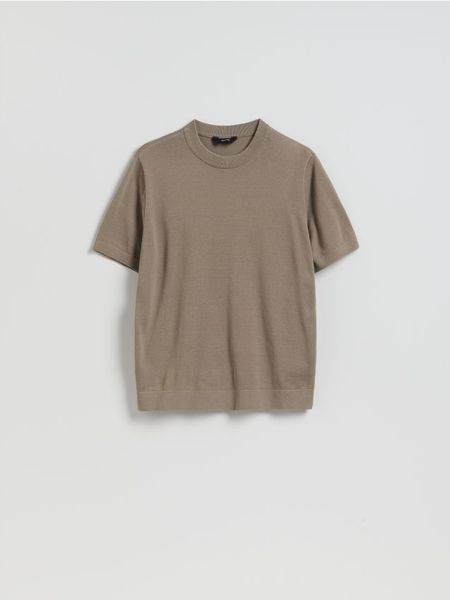 Sweter z krótkim rękawem - beżowy. Brązowe swetry męskie Reserved, l, bez wzorów, z bawełny, bez kołnierzyka. Za 99.99 zł.