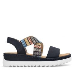 Sandały Rieker. Niebieskie sandały damskie Rieker, bez wzorów, bez obcasa, na płaskiej podeszwie. Za 289.99 zł.