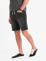Męskie szorty z gumką w pasie i efektem sprania – czarne V4 OM-SRDS-0192 - XXL. Czarne szorty męskie Ombre Clothing, z bawełny, bez kołnierzyka. W wyprzedaży za 99.99 zł.