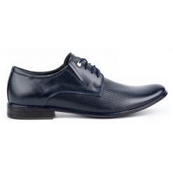 Olivier Buty męskie eleganckie skórzane 302T3 granatowe niebieskie. Niebieskie buty wizytowe męskie ze skóry, bez zapięcia. Za 367.89 zł.