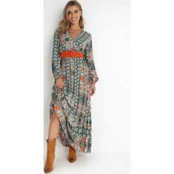 Zielona Sukienka Rozkloszowana z Paskiem Nazene. Zielone sukienki damskie Born2be, l, bez wzorów, z materiału, boho, bez kołnierzyka, bez ramiączek, maxi, kopertowe. W wyprzedaży za 127.99 zł.