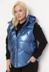Niebieska Pikowana Kamizelka z Odpinanym Kapturem Silandra. Niebieskie kamizelki damskie Born2be, xl. Za 209.99 zł.