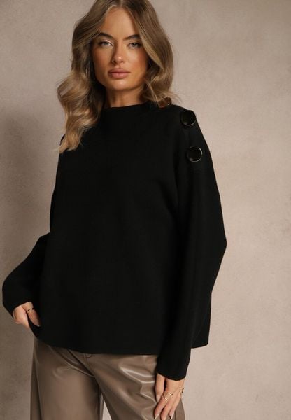 Czarny Sweter z Metalicznymi Guzikami na Ramieniu Ederlia. Czarne golfy damskie Renee, bez wzorów, bez ramiączek. Za 59.99 zł.