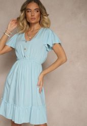 Niebieska Sukienka Rozkloszowana z Bawełny Ozdobiona Falbanami i Guzikami Zoliova. Niebieskie sukienki damskie Renee, na co dzień, l, bez wzorów, z bawełny, eleganckie, bez kołnierzyka, bez ramiączek, mini, rozkloszowane. Za 49.99 zł.