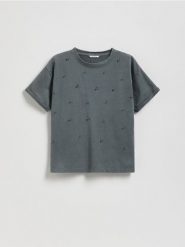 T-shirt z aplikacją - ciemnoszary. Szare koszulki dziewczęce Reserved, z aplikacjami, z bawełny, bez ramiączek. Za 39.99 zł.