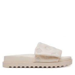 Klapki Guess. Brązowe klapki damskie Guess, z aplikacjami, bez obcasa. Za 359.99 zł.