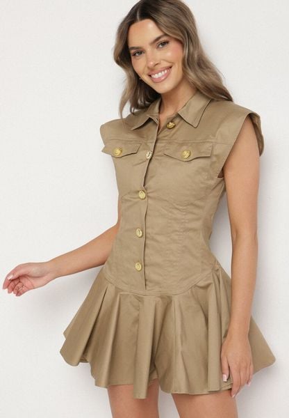 Beżowa Bawełniana Sukienka o Koszulowym Kroju z Rozkloszowanym Dołem Talenna. Brązowe sukienki damskie Born2be, na co dzień, na lato, l, z aplikacjami, z bawełny, eleganckie, bez kołnierzyka, bez ramiączek, mini, koszulowe. Za 189.99 zł.