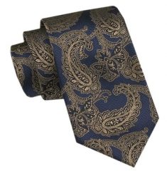 Modny Krawat Męski - Alties - Granat ze Złotym Wzorem. Niebieskie krawaty i muchy męskie Alties, bez wzorów, z tkaniny, eleganckie. Za 49.00 zł.