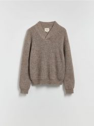 Sweter z wełną - beżowy. Brązowe swetry męskie Reserved, l, bez wzorów, z wełny, bez kołnierzyka. Za 299.99 zł.