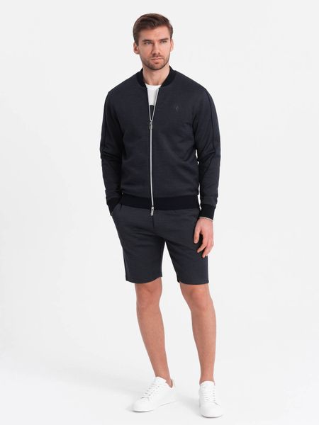 Komplet męski kurtka + szorty z dzianiny żakardowej - granatowy V1 - Rozmiar: XXL. Niebieskie kurtki męskie Ombre Clothing, z bawełny, bez kołnierzyka. Za 399.99 zł.