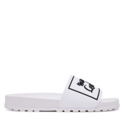 Klapki Versace Jeans Couture. Białe klapki damskie Versace Jeans Couture, bez wzorów, z jeansu, bez obcasa. Za 229.99 zł.