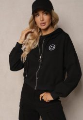Czarna Bluza Rozpinana z Wyszytą Emotką i Kapturem Cornoria. Czarne bluzy z kapturem damskie Renee, l, z dzianiny. Za 59.99 zł.
