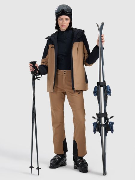 4F Spodnie narciarskie softshell membrana 10000 damskie - brązowe XS. Brązowe spodnie materiałowe damskie 4f, bez wzorów, z materiału, z podwyższonym stanem. Za 599.99 zł.