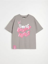 Bawełniana koszulka z nadrukiem Looney Tunes - szary. Szare t-shirty damskie Sinsay, l, bez wzorów, z bawełny, bez kołnierzyka. Za 39.99 zł.
