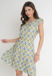 Niebiesko-Żółta Bawełniana Sukienka Mini z Gumką w Talii Caara. Niebieskie sukienki damskie Born2be, l, bez wzorów, z bawełny, bez kołnierzyka, bez ramiączek, mini. W wyprzedaży za 39.99 zł.
