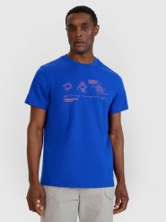 4F T-shirt regular z nadrukiem męski - niebieski L. Niebieskie t-shirty męskie 4f, l, bez wzorów, z bawełny, bez kołnierzyka. W wyprzedaży za 49.99 zł.