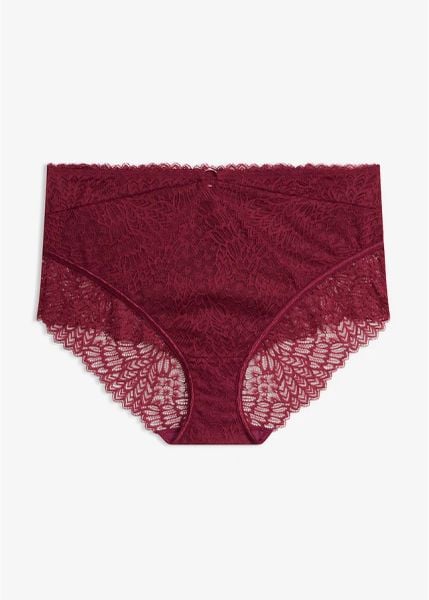 Figi z wysokim stanem z delikatnej koronki. Fioletowe figi damskie bonprix, bez wzorów, z koronki. Za 49.99 zł.