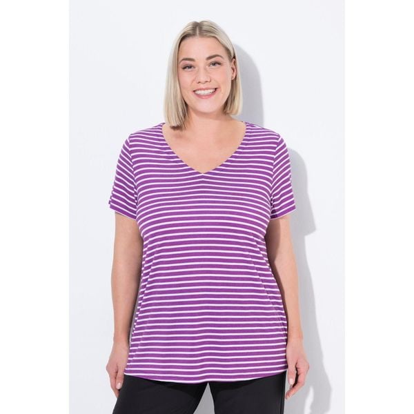 Damskie Koszulka funkcyjna prążkowanie klasyczny krój dekolt w serek rękaw 1/2. Fioletowe t-shirty damskie Ulla Popken, plus size, bez wzorów, z materiału, bez kołnierzyka. Za 199.99 zł.