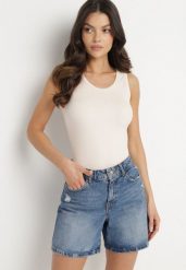 Jasnobeżowy Top Bawełniany z Prążkowane Dzianiny Efrima. Brązowe topy damskie Born2be, l, bez wzorów, z bawełny, bez kołnierzyka. Za 59.99 zł.