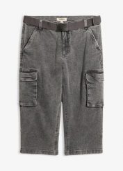 Jeansy bojówki 3/4 ze stretchem i paskiem, relaxed fit. Szare jeansy męskie bonprix. Za 64.99 zł.