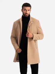 Strukturalny dopasowany płaszcz męski z wysokim kołnierzem – jasnobrązowy V4 OM-COWC-0117 - XXL. Brązowe płaszcze męskie Ombre Clothing, l, z aplikacjami, z materiału, eleganckie. Za 311.99 zł.