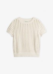 Sweter ażurowy z krótkim rękawem, z czystej bawełny. Białe swetry klasyczne damskie bonprix, z bawełny, bez kołnierzyka. Za 37.99 zł.