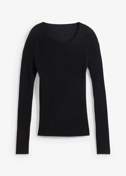 Sweter w prążek z wełny merino. Czarne swetry klasyczne damskie bonprix, na jesień, ze skóry, bez kołnierzyka. Za 189.99 zł.
