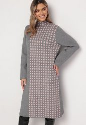 Ciemnoszara Sukienka o Pudełkowym Kroju z Półgolfem i Geometrycznym Wzorem Karbisa. Szare sukienki damskie Born2be, l, bez wzorów, z dzianiny, klasyczne, bez kołnierzyka, bez ramiączek. Za 69.99 zł.