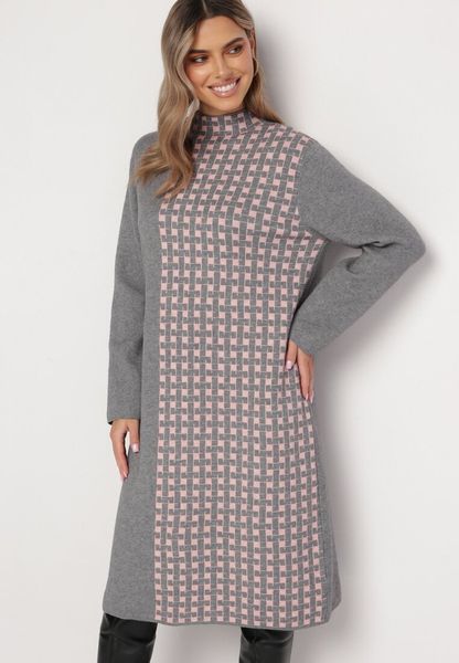 Ciemnoszara Sukienka o Pudełkowym Kroju z Półgolfem i Geometrycznym Wzorem Karbisa. Szare sukienki damskie Born2be, l, bez wzorów, z dzianiny, klasyczne, bez kołnierzyka, bez ramiączek. Za 69.99 zł.