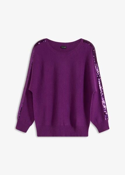 Sweter z cienkiej dzianiny z cekinami. Niebieskie swetry klasyczne damskie bonprix, z dzianiny, bez kołnierzyka. Za 122.99 zł.