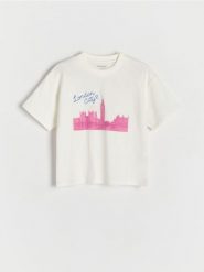 Bawełniany T-shirt z haftem - złamana biel. Koszulki dziewczęce Reserved, bez wzorów, z bawełny, bez ramiączek. W wyprzedaży za 15.99 zł.