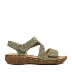 Sandały Rieker. Zielone sandały damskie Rieker, bez wzorów, bez obcasa, na płaskiej podeszwie. Za 289.99 zł.