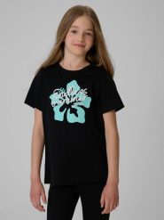 4F T-shirt regular z nadrukiem dziewczęcy - czarny 140 (9-10 lat). Czarne koszulki dziewczęce 4f, bez wzorów, z bawełny, bez ramiączek. Za 39.99 zł.