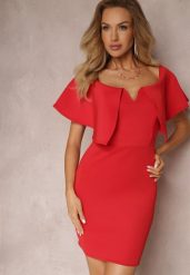 Czerwona Dopasowana Sukienka z Szeroką Falbaną Miskli. Czerwone sukienki damskie Renee, m, bez wzorów, eleganckie, bez kołnierzyka, bez ramiączek, mini, dopasowane. Za 109.99 zł.