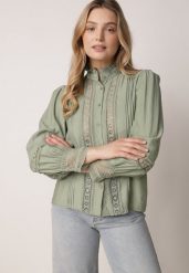 Zielona Koszula ze Stójką i Koronką Argochis. Zielone koszule damskie Born2be, l, bez wzorów, z jeansu, bez kołnierzyka, bez ramiączek. Za 129.99 zł.