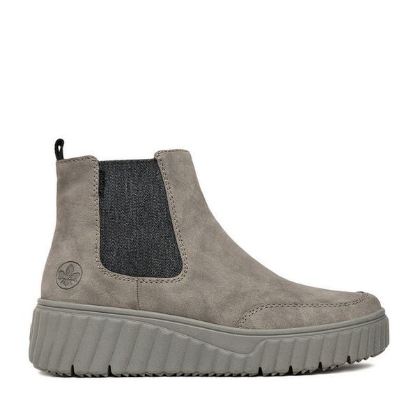 Botki Rieker. Szare botki damskie Rieker, bez obcasa, na płaskiej podeszwie, bez zapięcia. Za 309.99 zł.