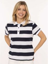 Zwillingsherz Koszulka polo "Stripes" w kolorze biało-granatowym rozmiar: M. Białe bluzki damskie Zwillingsherz, m, bez wzorów, z bawełny, bez kołnierzyka, bez ramiączek. Za 160.70 zł.