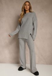 Ciemnoszary Komplet z Wełną i Bawełną Sweter z Guzikami i Szerokie Spodnie Reinelia. Szare spodnie materiałowe damskie Renee, l, z bawełny, bez kołnierzyka. Za 139.99 zł.