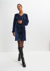 Sukienka z cekinami. Czarne sukienki damskie bonprix, bez wzorów, bez kołnierzyka, bez ramiączek, kopertowe. Za 169.99 zł.