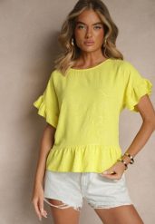 Żółta Bluzka Oversize Ozdobiona Falbanami Liriele. Żółte bluzki damskie Renee, bez wzorów, z jeansu, bez kołnierzyka, bez ramiączek. Za 49.99 zł.